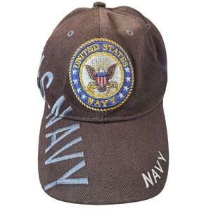 U.S. Warriors Mens Navy Hat OSFM Brown Acrylic Solid Adjustable Military Veteran